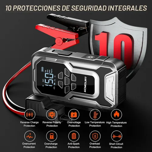 Vista 6 de Acmount D18 Arrancador de salto con compresor de aire, batería de coche de 6000 A arrancador portátil (todo gasolina/10.0L diesel), bomba de aire