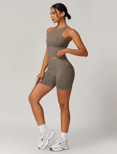 Vista 37 de Conjuntos de entrenamiento para mujer, 2 piezas, sin costuras, acanalada, sin mangas, brasier deportivo, cintura alta, pantalones cortos