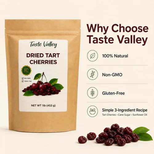 Vista 5 de Taste Valley Cerezas ácidas secas – 100% naturales sin OMG sin gluten – Sin conservantes artificiales – Cerezas Montmorency prémium para aperitivos