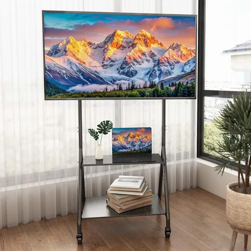Vista 2 de Carrito de TV móvil con estante de 2 niveles para televisores de 32 a 80 pulgadas de hasta 110 libras, soporte de TV rodante con rueda silenciosa