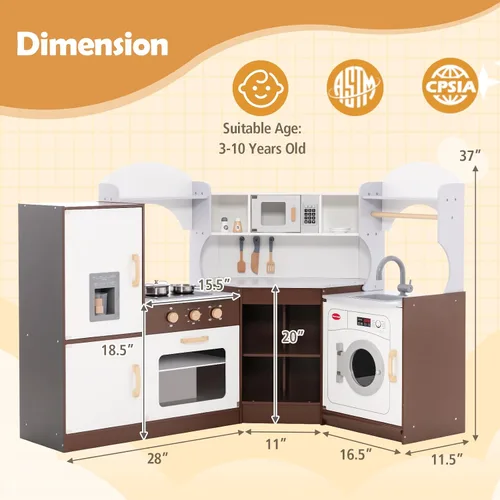 Vista 6 de Costzon Juego de cocina esquinera para niños, cocina de madera con sonidos y luces, lavadora, máquina de hielo, microondas, horno, fregadero