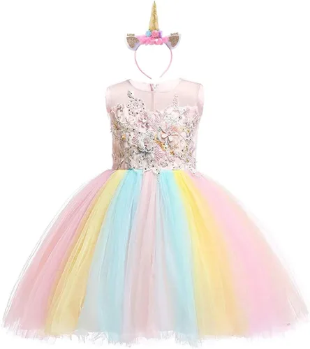 Vista 6 de Vestido de cumpleaños de unicornio para bebé, disfraz de princesa, Halloween, cosplay, Navidad, carnaval, fiesta con diadema