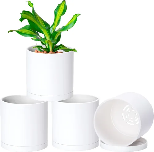 Vista 17 de D'vine Dev - Paquete de 2 macetas de plástico modernas de 4 pulgadas, pequeñas macetas de jardín para plantas con orificios de drenaje y platillos