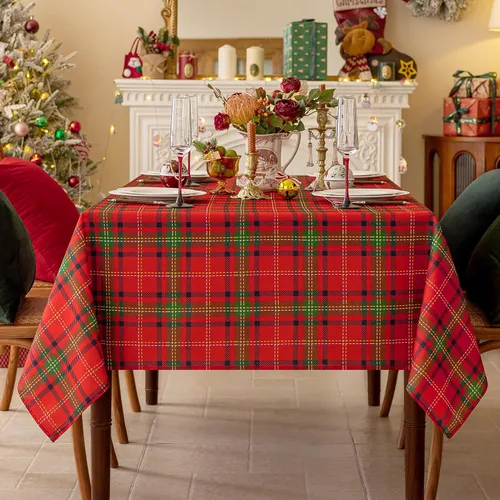 Vista 7 de Romanstile - Mantel rectangular rojo de cuadros navideño - 60 x 84 pulgadas - Funda de mesa a cuadros resistente a las manchas de agua, manteles