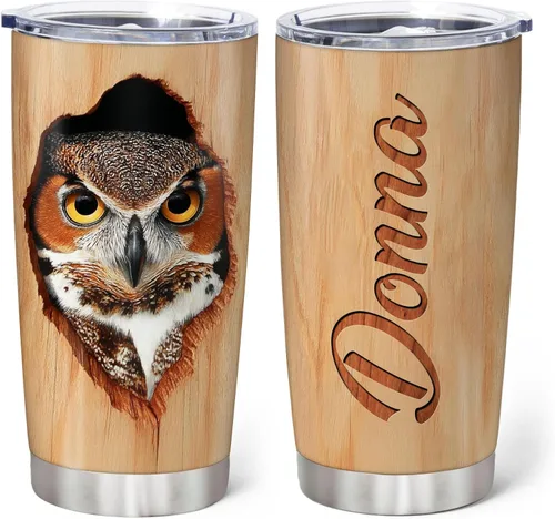 Vista 22 de Hyturtle Vaso personalizado para amantes de los búhos, vaso de café de acero inoxidable con nombre personalizado, 20 onzas con tapa, ideal como