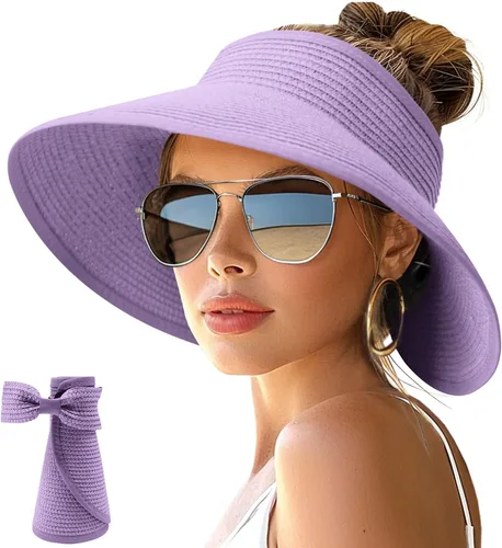 Vista 14 de NPJY Sun Hats for Women Wide Brim Roll-Up Ponytail Packable Straw Visor Blanco
