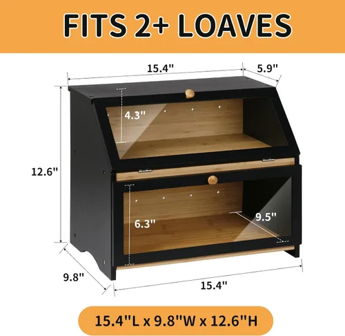 Vista 2 de HOMEKOKO Panera grande de doble capa para encimera de cocina, contenedor de almacenamiento de pan de madera de gran capacidad (negro)