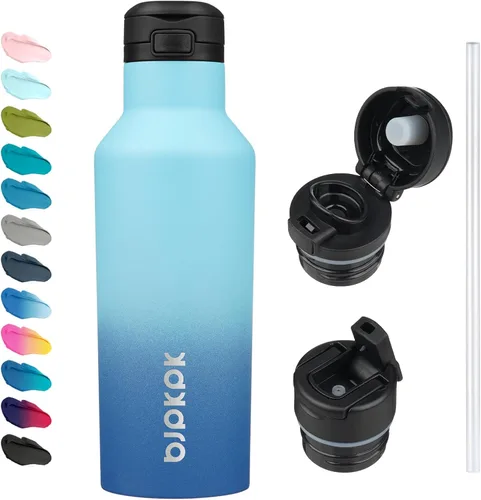 Vista 21 de BJPKPK Botella de agua aislada con pajilla, botellas de agua de acero inoxidable de 17 onzas con 2 tapas y asa de transporte, botella térmica