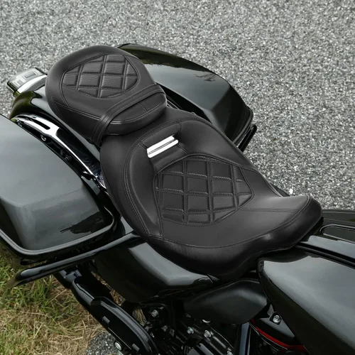Vista 7 de XFMT Asiento de motocicleta de perfil bajo de dos piezas para 2 personas, asiento para conductor y pasajero para Harley Touring Road King Street