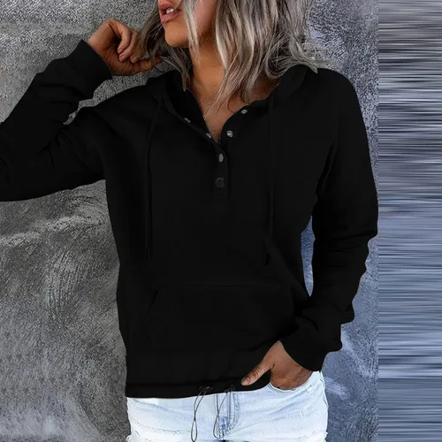 Vista 4 de SMIDOW Sudadera con capucha para mujer, con botones, de moda, con cordón, color liso, bonita, cómoda, sin botones
