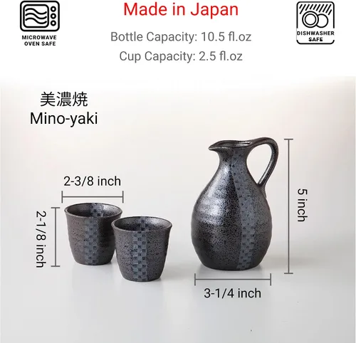 Vista 2 de JapanBargain 4680, Juego de sake de porcelana auténtica japonesa Saki Set decantador de sake y tazas de saki, fabricado en Japón (tarro negro)
