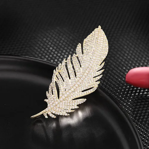 Vista 9 de Broche de plumas de diamantes de imitación para mujeres y hombres, alfileres de hoja de cristal, ramillete de joyería para sombrero, bolsa, traje
