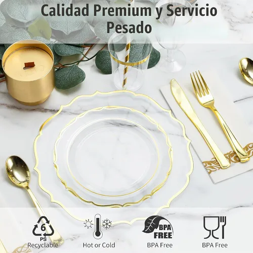 Vista 4 de Juego de vajilla de 200 piezas de estilo barroco en oro claro para 25 invitados, platos de plástico desechables resistentes con borde dorado