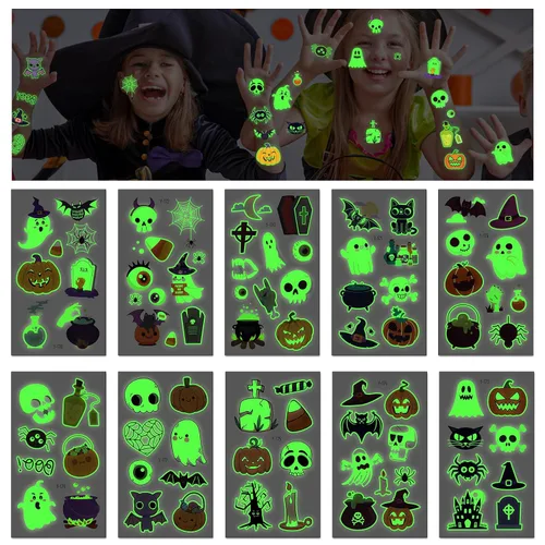 Vista 3 de Ozepao Juego de 10 hojas de calcomanías temporales de tatuaje de Halloween, 88 diseños únicos con calabazas, calaveras, esqueletos, fantasmas