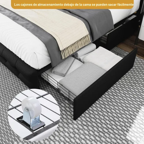Vista 6 de TTVIEW Base de cama de tamaño completo con 4 cajones de almacenamiento y cabecera ajustable, cama plataforma tapizada con diseño de botones