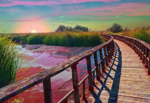 Vista 3 de Lucid Eye Cartel de estanque de fusión, Póster de puente psicodélico, Arte de pared de paisaje trippy, Póster colorido, Diseño de atardecer de neón