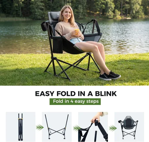 Vista 4 de EVER ADVANCED Hamaca acolchada para camping, silla columpio de gran tamaño resistente con portavasos desmontable, silla mecedora plegable portátil