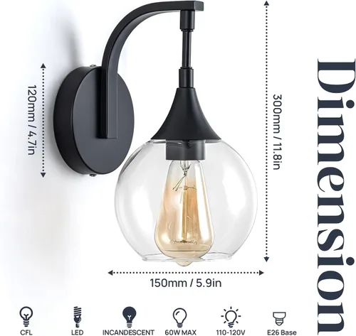 Vista 3 de Juego de dos apliques de pared negros, lámpara de pared moderna con pantalla de vidrio transparente, accesorios de iluminación de tocador de baño