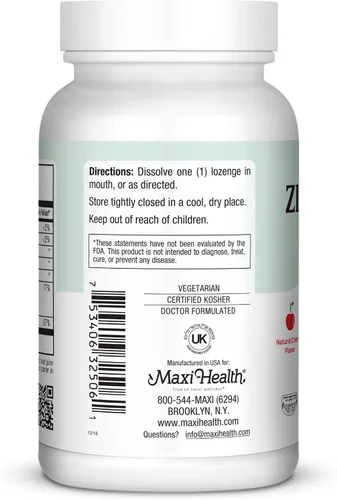 Vista 7 de Maxi-Health Pastillas de zinc – Citrato de zinc 10 mg – con vitamina C – Sabor a cereza – 60 masticables – Kosher