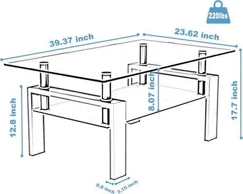 Vista 2 de Mesa auxiliar de cristal para sala de estar, mesa central rectangular de 2 niveles con patas de metal, mesa auxiliar para el hogar, oficina