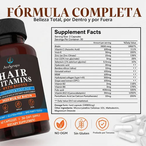 Vista 9 de Hair Vitamins with Biotin 5600 mcg, Collagen & Hyaluronic Acid