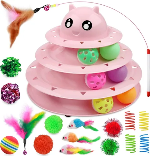 Vista 14 de UPSKY Juguete Rodillo para Gatos Tornamesa de 3 Niveles Juguete para Gatos con Pelotas con Seis Pelotas Coloridas Juguetes Interactivos para Gatitos