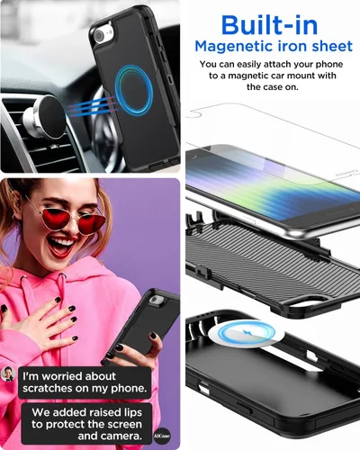 Vista 4 de AICase Funda para iPhone SE 2022/3rd/2020/8/7/6, soporte magnético para automóvil, resistente de 2 capas, duradero, protección de grado militar, a