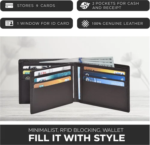 Vista 3 de Carteras RFID delgadas para hombres - Cartera de bolsillo frontal de piel genuina