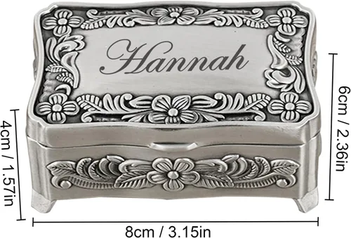 Vista 6 de Joyero vintage personalizado caja de metal personalizada con nombre, pequeño organizador de almacenamiento de joyas, caja de regalo de recuerdo