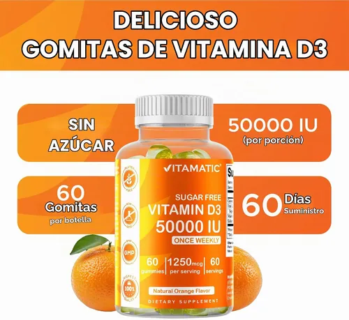 Vista 4 de Vitamina D3 Vitamática 50,000 UI, 60 gomitas naturales de sabor a naranja