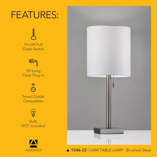 Vista 6 de Adesso Lámpara de mesa de acero cepillado con pantalla blanca, luz de acento moderna para dormitorio, sala de estar y decoración de la casa, 22