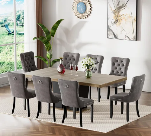 Vista 10 de Juego de mesa de comedor extensible de 63 a 79 pulgadas para 4, moderna mesa de cocina expandible con 4 sillas de terciopelo, mesa de madera gruesa