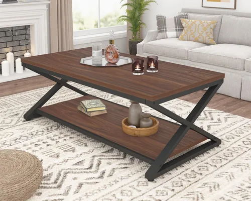 Vista 17 de HSH Mesa de sala de estar de madera de metal minimalista moderna negra con estante de almacenamiento, mesa central rectangular de 39 pulgadas y 2