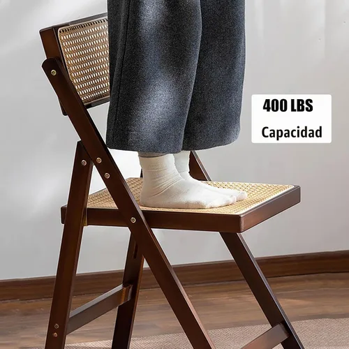 Vista 4 de KISKIS Sillas plegables de ratán de madera, portátil, ahorro de espacio, silla de comedor para balcón, sala de estar, con asiento elástico de malla