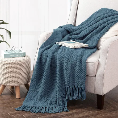Vista 30 de Manta de punto suave con textura para sofá, manta de tweed crema con borlas de flecos para decoración del hogar, cama, sofá, silla, 50 x 60 Blanco