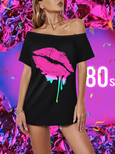 Vista 4 de Traje de fiesta de los años 80 para mujer, ropa novedosa de neón de los años 80 con hombros descubiertos, camisetas con hombros descubiertos