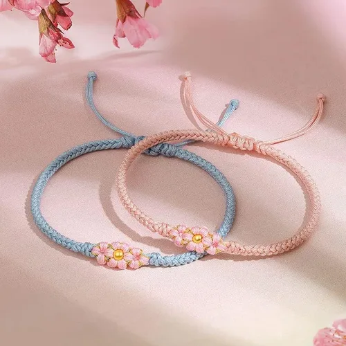 Vista 3 de 24K Gold Bracelet for Women Flower Charm Bracelets Adjustable Chain Dainty Braided Link Lucky Beads Stackable Rope Bangle Trendy Colorful Cuff Cute
