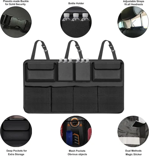 Vista 3 de Juego de organizador de maletero de automóvil: organizador colgante para asiento trasero con 8 bolsas de almacenamiento y almacenamiento plegable