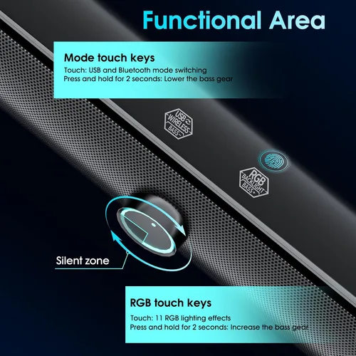 Vista 8 de Altavoces de computadora para PC de escritorio, barra de sonido de computadora Bluetooth, barra de sonido inalámbrica para PC, refuerzo de graves