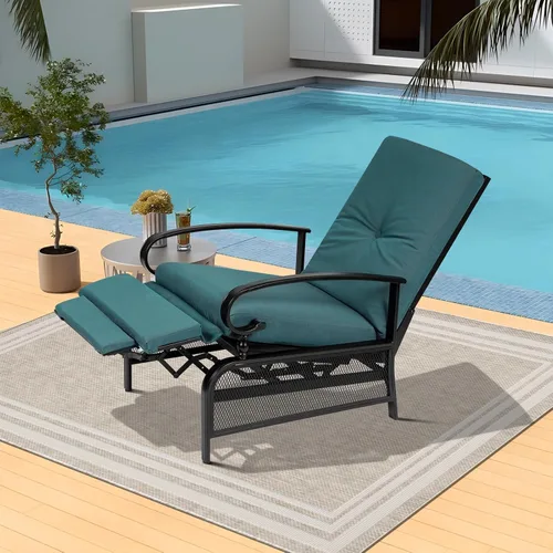 Vista 2 de Sillón ajustable para patio, sillón reclinable de metal automático con cojines extraíbles, color azul