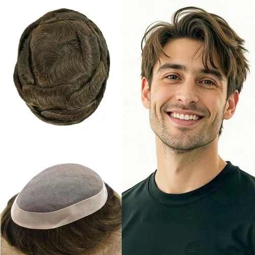 Vista 35 de Toupee de cabello humano fino mono revestido de poliéster para hombre, postizo de monofilamento duradero NPU monofilamento tupé para hombres