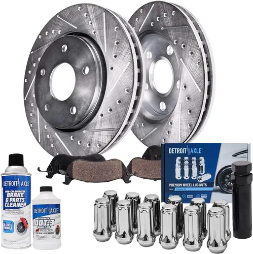 Vista 23 de Detroit Axle – Kit de frenos para VW Passat 15-21, rotores de freno de disco perforados y ranurados de 12.28 pulgadas delanteras y 10.70 pulgadas