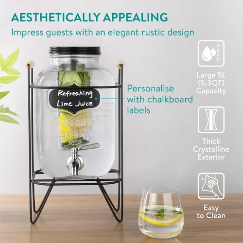 Vista 5 de Navaris Dispensador de bebidas en tarro de vidrio con grifo, incluye soporte de metal, tubo de hielo e infusor de frutas, para cóctel, limonada