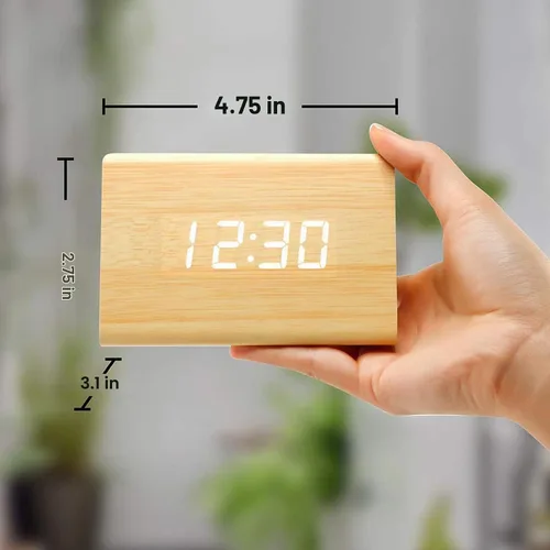 Vista 4 de Moderno reloj despertador con indicador de temperatura y calendario con diseño triangular de madera con luces led. Gearonic TM.