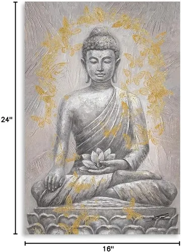 Vista 10 de Yidepot Lienzo decorativo de Buda para pared, lámina dorada: estatua zen con textura de flor de loto para budismo, decoración de pared, carteles