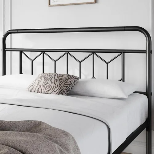 Vista 4 de YAHETECH - Base de cama metálica con cabecera y estribo de patrón de diamante, soporte de listones de acero resistente, almacenamiento debajo