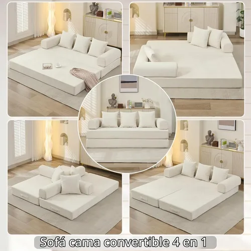 Vista 4 de Sofá cama convertible 4 en 1 de 79 pulgadas, sofás sin hueso, cama plegable de felpilla con cama extraíble, futón de suelo, sofá biplaza modular
