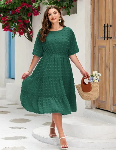 Vista 7 de IN'VOLAND Vestido de gasa con lunares suizos para mujer, talla grande, de gasa, de manga corta, cintura alta, acampanado, con volantes, vestido midi