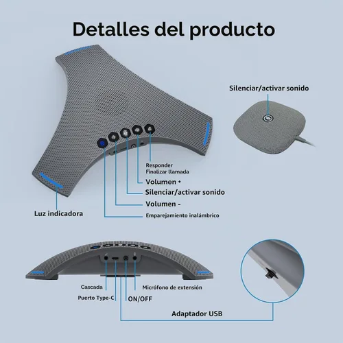 Vista 9 de Altavoz de conferencia y micrófono - Altavoz Bluetooth con cadena de margarita, cancelación de ruido AI, mejora de voz, soporte inalámbrico dong