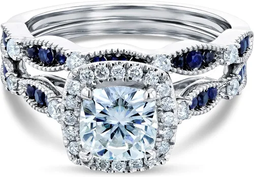 Vista 3 de Kobelli Moissanita y zafiro azul halo anillos de novia conjunto
